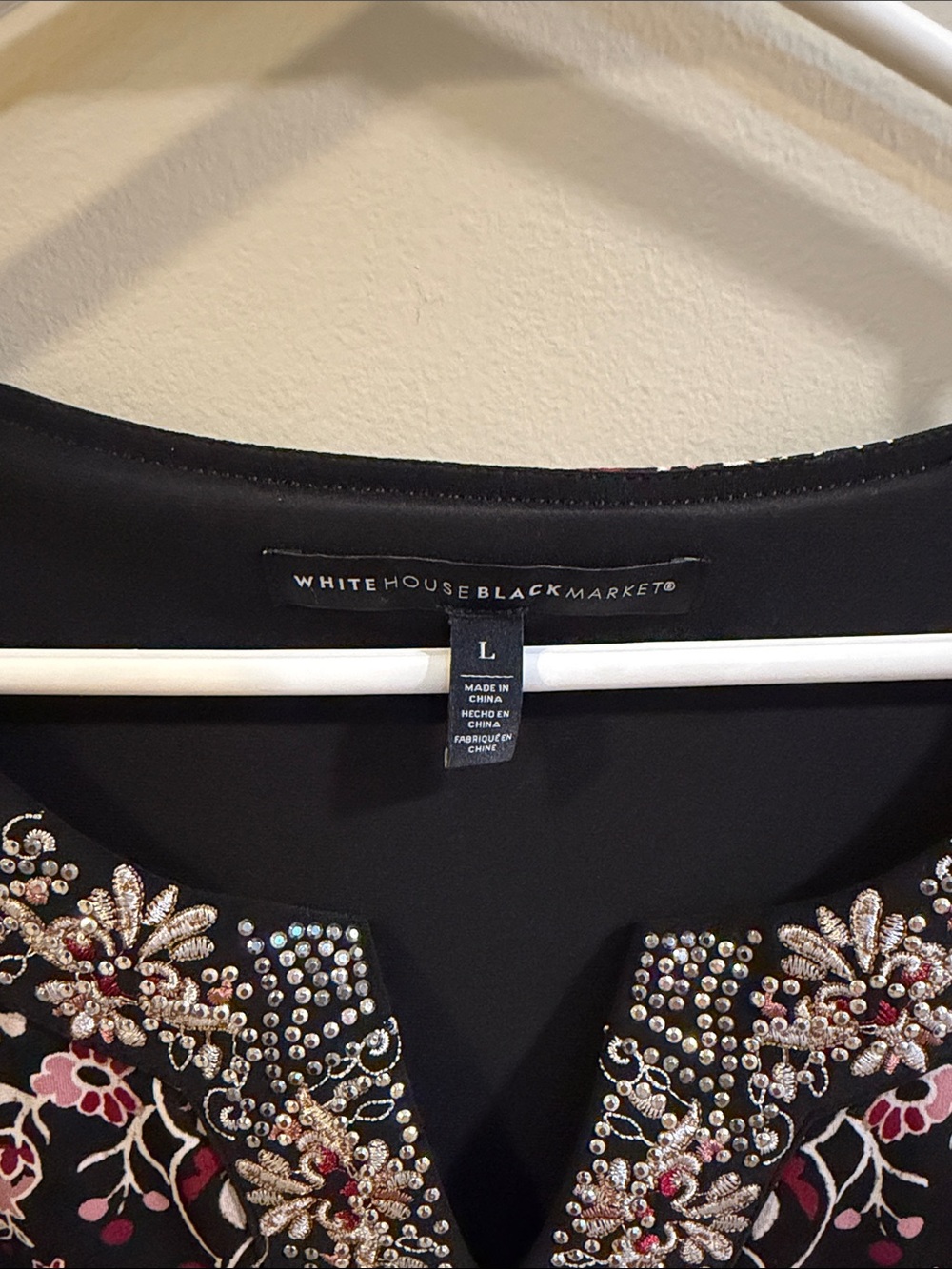 White House Black Market Black Tunic with Pink and Cream Embroidery - Picture 2 of 6